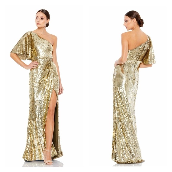 MAC DUGGAL 93540 dress gold 6 sequin one shoulder formal gown maxi wedding prom - Picture 2 of 16